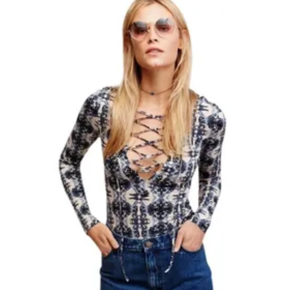 Free People Mai Tai Lace Up Long Sleeve Shirt Top Size Medium